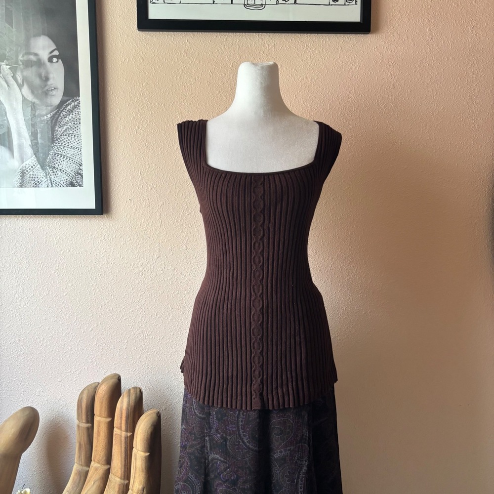 Vintage 2000s Minimalist Brown Knit Sleeveless Blouse